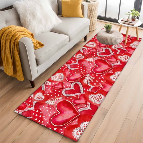 Runner Rug 2 x 6 Ft, Happy Valentine's Day Washable Non-Slip Floor Mat for Kitchen Hallway/Entryway, Red Dots Love Heart Romantic Long Kitchen Runner Area Rugs for Living Room, Low-Profile