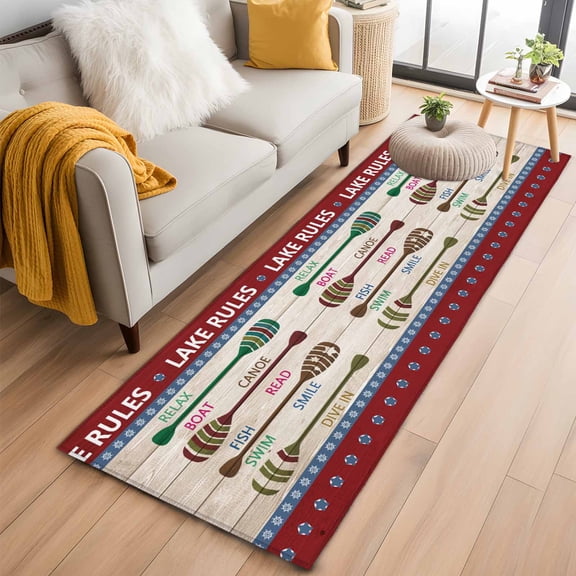Runner Rug 2 x 6 Ft, Lake Rules Washable Non-Slip Floor Mat for Kitchen Hallway/Entryway, Red Green Brown Paddle Striped Rudder Wooden Long Kitchen Runner Area Rugs for Living Room, Low-Profile