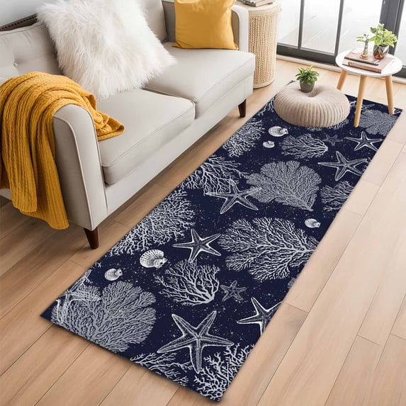 Runner Rug 2 x 6 Ft, Navy Blue Coastal Washable Non-Slip Floor Mat for Kitchen Hallway/Entryway, Starfish Coral Summer Beach Ocean Long Kitchen Runner Area Rugs for Living Room, Low-Profile