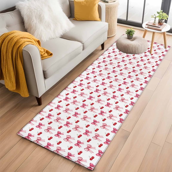 Runner Rug 2 x 6 Ft, Pink Bow Cherry Washable Non-Slip Floor Mat for Kitchen Hallway/Entryway, Sweet Romantic Preppy Long Kitchen Runner Area Rugs for Living Room, Low-Profile