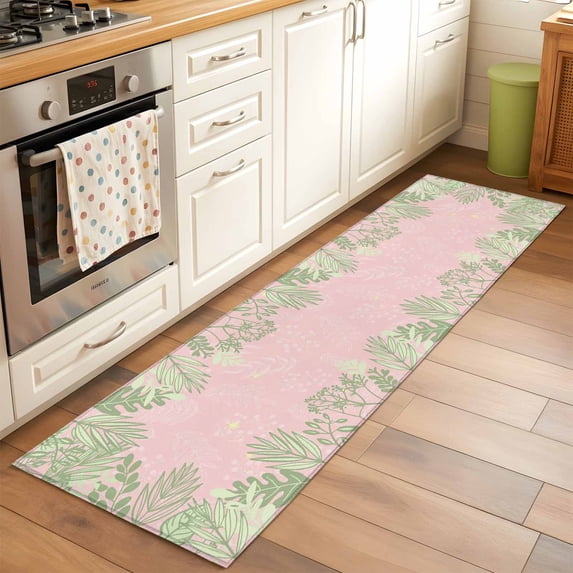 Runner Rug 2 x 6 Ft, Pink Leaves Washable Non-Slip Floor Mat for Kitchen Hallway/Entryway, Green Summer Botanical Pastoral Long Kitchen Runner Area Rugs for Living Room, Low-Profile