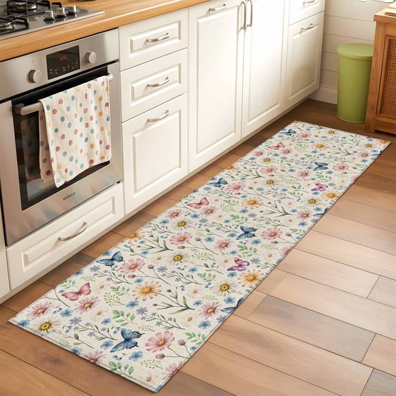 Runner Rug 2 x 6 Ft, Pink Spring Floral Washable Non-Slip Floor Mat for Kitchen Hallway/Entryway, Elegant Pastoral Flowers Butterflies Rustic Long Kitchen Runner Area Rugs for Living Room