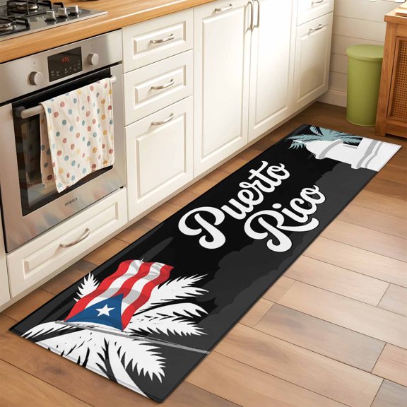 Runner Rug 2 x 6 Ft, Puerto Rico Flag Washable Non-Slip Floor Mat for Kitchen Hallway/Entryway, Modern Art Palm Tree American Flags Long Kitchen Runner Area Rugs for Living Room, Low-Profile