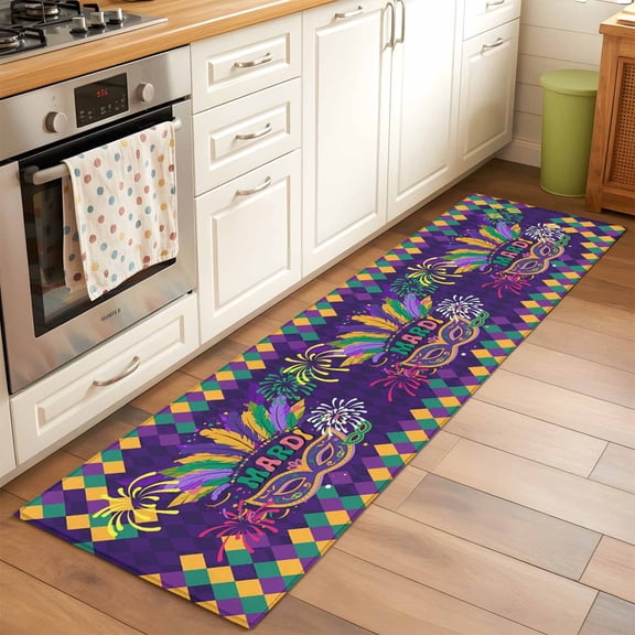 Runner Rug 2 x 6 Ft, Purple Carnival Washable Non-Slip Floor Mat for Kitchen Hallway/Entryway, Modern Geometric Feathers Ethnic Long Kitchen Runner Area Rugs for Living Room, Low-Profile