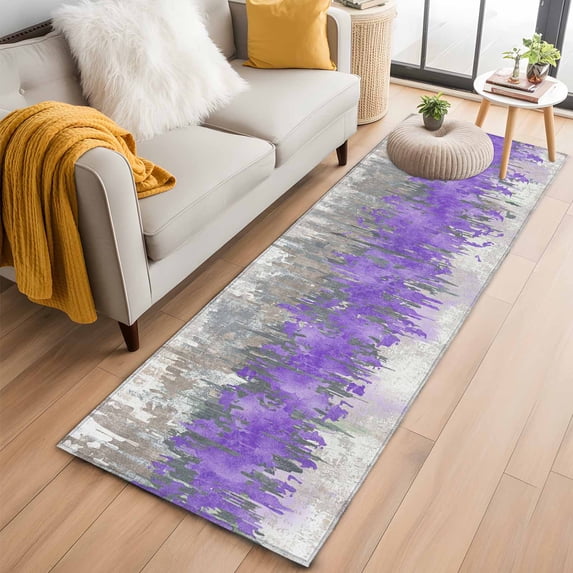 Runner Rug 2 x 6 Ft, Purple Grey Abstract Washable Non-Slip Floor Mat for Kitchen Hallway/Entryway, Gradient Geometric Graffiti Modern Art Long Kitchen Runner Area Rugs for Living Room, Low-Profile