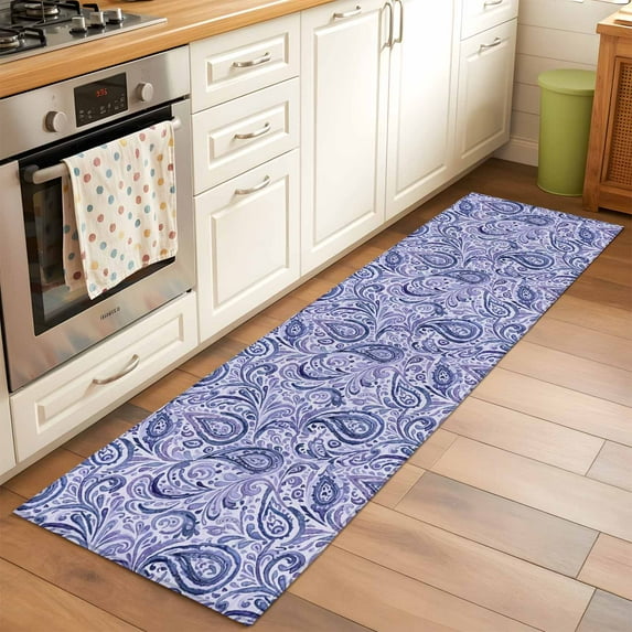 Runner Rug 2 x 6 Ft, Purple Navy Blue Washable Non-Slip Floor Mat for Kitchen Hallway/Entryway, Retro Botanical Abstract Art Long Kitchen Runner Area Rugs for Living Room, Low-Profile