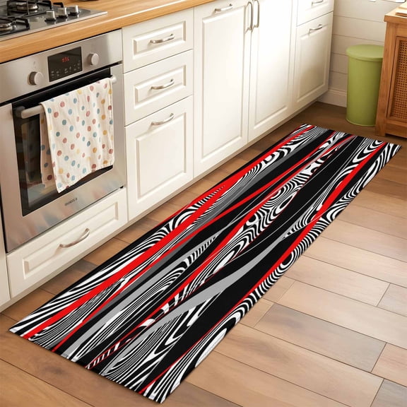 Runner Rug 2 x 6 Ft, Red Black Stripes Washable Non-Slip Floor Mat for Kitchen Hallway/Entryway, Modern Gradient Abstract Lines Art Long Kitchen Runner Area Rugs for Living Room, Low-Profile