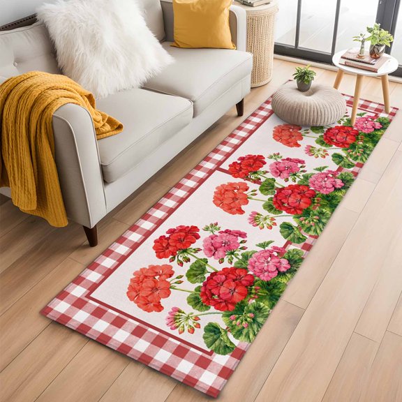 Runner Rug 2 x 6 Ft, Red Pink Geranium Washable Non-Slip Floor Mat for Kitchen Hallway/Entryway, Botanical Floral Sage Gingham Plaid Long Kitchen Runner Area Rugs for Living Room, Low-Profile