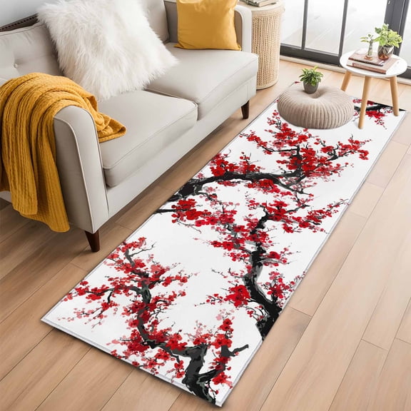 Runner Rug 2 x 6 Ft, Red Plum Washable Non-Slip Floor Mat for Kitchen Hallway/Entryway, Nature Flowers Branches Chinese Painting Long Kitchen Runner Area Rugs for Living Room, Low-Profile