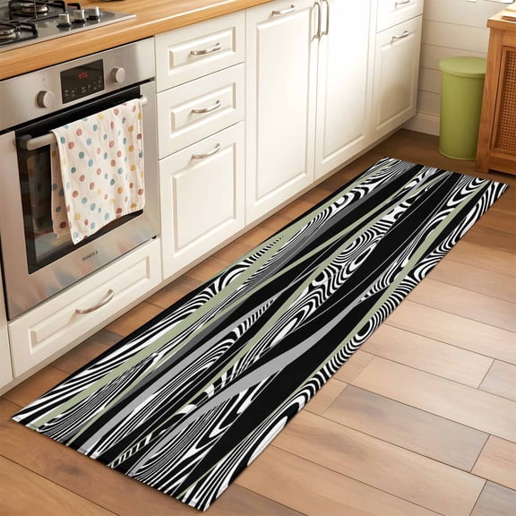 Runner Rug 2 x 6 Ft, Sage Green Black Stripes Washable Non-Slip Floor Mat for Kitchen Hallway/Entryway, Grey Abstract Gradient Striped Long Kitchen Runner Area Rugs for Living Room, Low-Profile