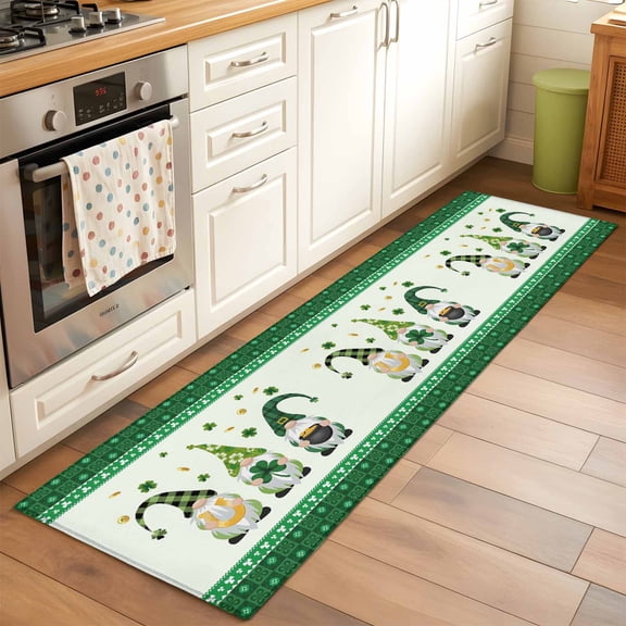 Runner Rug 2 x 6 Ft, Saint Patrick's Day Washable Non-Slip Floor Mat for Kitchen Hallway/Entryway, Green Gnomes Shamrock Gold Coin Long Kitchen Runner Area Rugs for Living Room, Low-Profile
