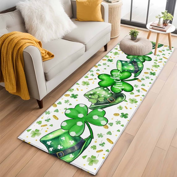 Runner Rug 2 x 6 Ft, Saint Patrick's Day Washable Non-Slip Floor Mat for Kitchen Hallway/Entryway, Spring Green Clovers Hats Coin Love Long Kitchen Runner Area Rugs for Living Room, Low-Profile