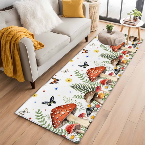 Runner Rug 2 x 6 Ft, Spring Mushrooms Washable Non-Slip Floor Mat for Kitchen Hallway/Entryway, Farmhouse Pastoral Botanical Watercolor Long Kitchen Runner Area Rugs for Living Room, Low-Profile