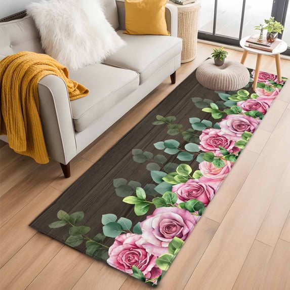 Runner Rug 2 x 6 Ft, Spring Pink Roses Washable Non-Slip Floor Mat for Kitchen Hallway/Entryway, Pastoral Eucalyptus Leaves Brown Wooden Long Kitchen Runner Area Rugs for Living Room, Low-Profile