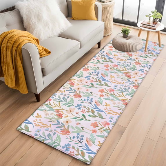 Runner Rug 2 x 6 Ft, Spring Wildflowers Washable Non-Slip Floor Mat for Kitchen Hallway/Entryway, Botanical Watercolor Floral Leaf Plant Long Kitchen Runner Area Rugs for Living Room, Low-Profile
