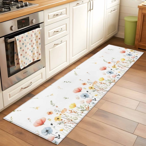 Runner Rug 2 x 6 Ft, Spring Wildflowers Washable Non-Slip Floor Mat for Kitchen Hallway/Entryway, Watercolor Rustic Flowers Floral Leaves Long Kitchen Runner Area Rugs for Living Room, Low-Profile