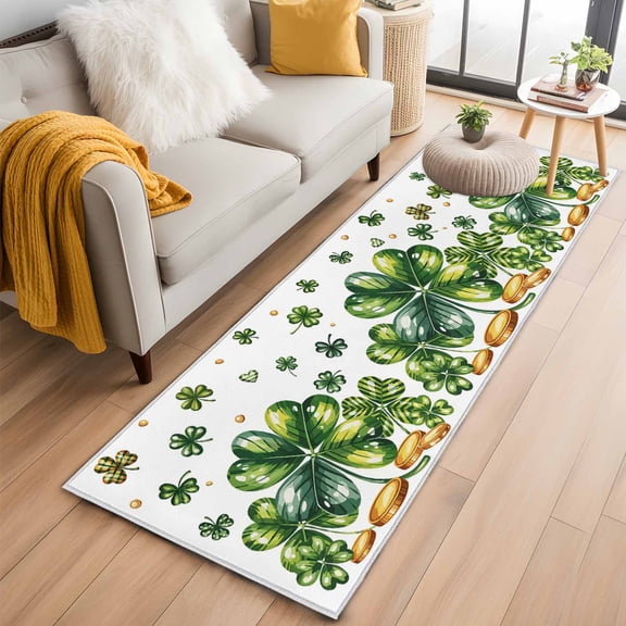 Runner Rug 2 x 6 Ft, St Patrick's Day Shamrock Washable Non-Slip Floor Mat for Kitchen Hallway/Entryway, Lucky Four Leaf Gold Coin Green Long Kitchen Runner Area Rugs for Living Room, Low-Profile