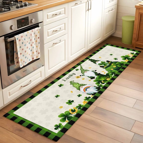 Runner Rug 2 x 6 Ft, St. Patrick's Day Washable Non-Slip Floor Mat for Kitchen Hallway/Entryway, Gnomes Shamrock Gold Coin Plaid Long Kitchen Runner Area Rugs for Living Room, Low-Profile