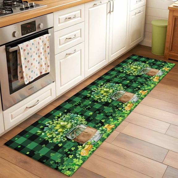 Runner Rug 2 x 6 Ft, St. Patrick's Day Washable Non-Slip Floor Mat for Kitchen Hallway/Entryway, Green Clovers Coin Buffalo Plaid Long Kitchen Runner Area Rugs for Living Room, Low-Profile