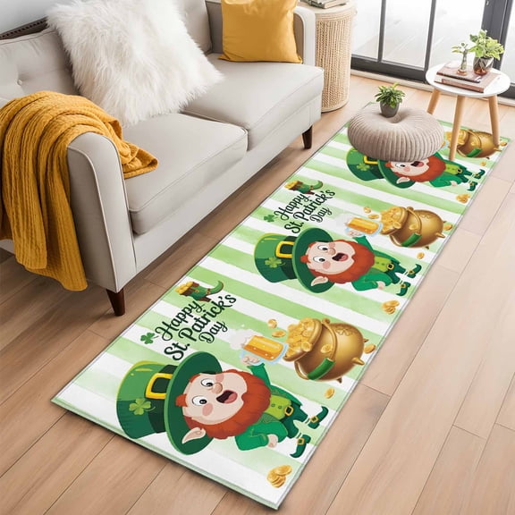 Runner Rug 2 x 6 Ft, St. Patrick's Day Washable Non-Slip Floor Mat for Kitchen Hallway/Entryway, Green Gnomes Gold Coin Beer Shamrock Stripes Long Kitchen Runner Area Rugs for Living Room,