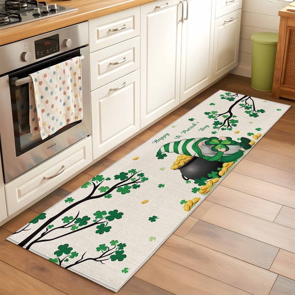 Runner Rug 2 x 6 Ft, St. Patrick's Day Washable Non-Slip Floor Mat for Kitchen Hallway/Entryway, Green Gnomes Shamrock Gold Coin Beige Long Kitchen Runner Area Rugs for Living Room, Low-Profile