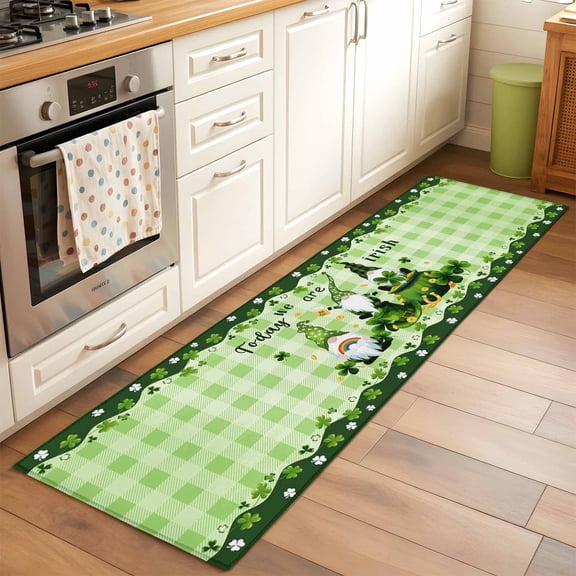 Runner Rug 2 x 6 Ft, St. Patrick's Day Washable Non-Slip Floor Mat for Kitchen Hallway/Entryway, Green Gnomes Shamrock Gold Coin Long Kitchen Runner Area Rugs for Living Room, Low-Profile