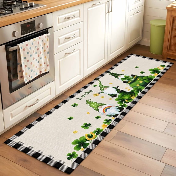 Runner Rug 2 x 6 Ft, St. Patrick's Day Washable Non-Slip Floor Mat for Kitchen Hallway/Entryway, Green Shamrock Gnomes Gold Coin Beige Long Kitchen Runner Area Rugs for Living Room, Low-Profile