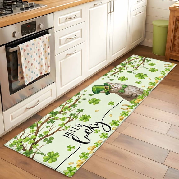 Runner Rug 2 x 6 Ft, St. Patrick's Day Washable Non-Slip Floor Mat for Kitchen Hallway/Entryway, Lucky Cat Shamrock Grasses Trees Long Kitchen Runner Area Rugs for Living Room, Low-Profile