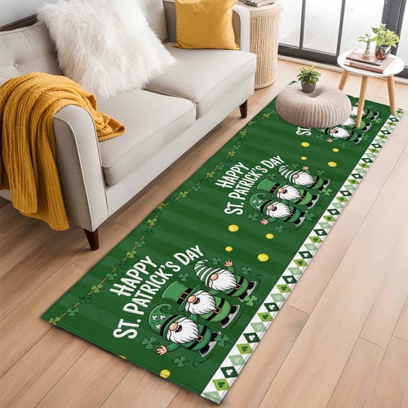 Runner Rug 2 x 6 Ft, St. Patrick's Day Washable Non-Slip Floor Mat for Kitchen Hallway/Entryway, Lucky Shamrock Gnomes Gold Coin Spring Green Long Kitchen Runner Area Rugs for Living Room,