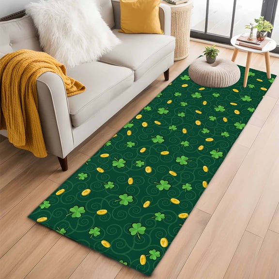 Runner Rug 2 x 6 Ft, St. Patrick's Day Washable Non-Slip Floor Mat for Kitchen Hallway/Entryway, Lucky Shamrock Gold Coin Minimalist Green Long Kitchen Runner Area Rugs for Living Room, Low-Profile