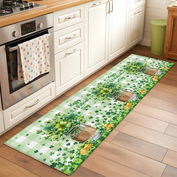 Runner Rug 2 x 6 Ft, St. Patrick's Day Washable Non-Slip Floor Mat for Kitchen Hallway/Entryway, Spring Botanical Clovers Coin Green Check Long Kitchen Runner Area Rugs for Living Room, Low-Profile