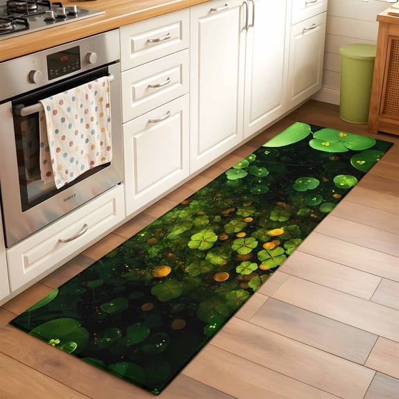 Runner Rug 2 x 6 Ft, St. Patrick's Day Washable Non-Slip Floor Mat for Kitchen Hallway/Entryway, Spring Green Lucky Clovers Gold Coin Long Kitchen Runner Area Rugs for Living Room, Low-Profile