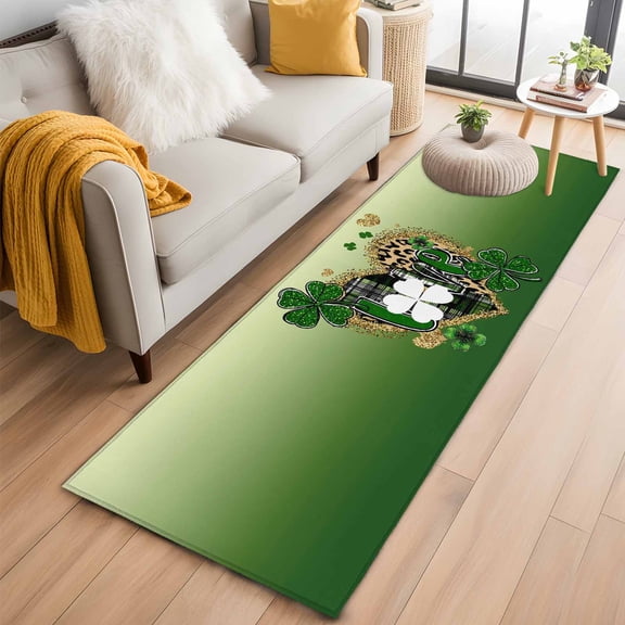 Runner Rug 2 x 6 Ft, St. Patrick's Day Washable Non-Slip Floor Mat for Kitchen Hallway/Entryway, Spring Shamrock Gold Leopard Love Ombre Green Long Kitchen Runner Area Rugs for Living Room,