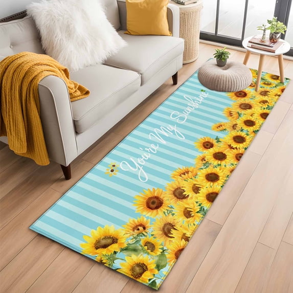 Runner Rug 2 x 6 Ft, Sunflower Washable Non-Slip Floor Mat for Kitchen Hallway/Entryway, Yellow Summer Botanical Blue Striped Farmhouse Long Kitchen Runner Area Rugs for Living Room, Low-Profile