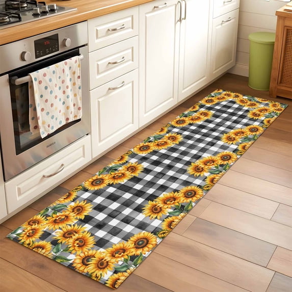 Runner Rug 2 x 6 Ft, Sunflowers Washable Non-Slip Floor Mat for Kitchen Hallway/Entryway, Farmhouse Summer Floral Black White Plaid Long Kitchen Runner Area Rugs for Living Room, Low-Profile