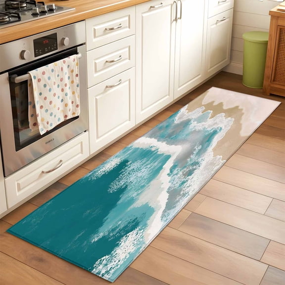 Runner Rug 2 x 6 Ft, Teal Coastal Washable Non-Slip Floor Mat for Kitchen Hallway/Entryway, Beach Summer Nautical Seaside Ocean Long Kitchen Runner Area Rugs for Living Room, Low-Profile