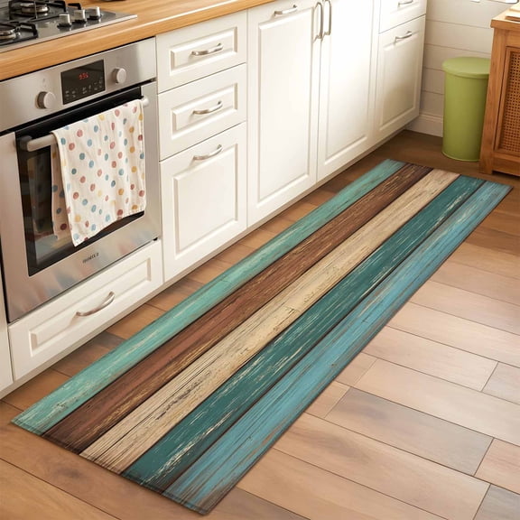 Runner Rug 2 x 6 Ft, Teal Turquoise Wooden Washable Non-Slip Floor Mat for Kitchen Hallway/Entryway, Rustic Retro Farmhouse Western Country Long Kitchen Runner Area Rugs for Living Room, Low-Profile