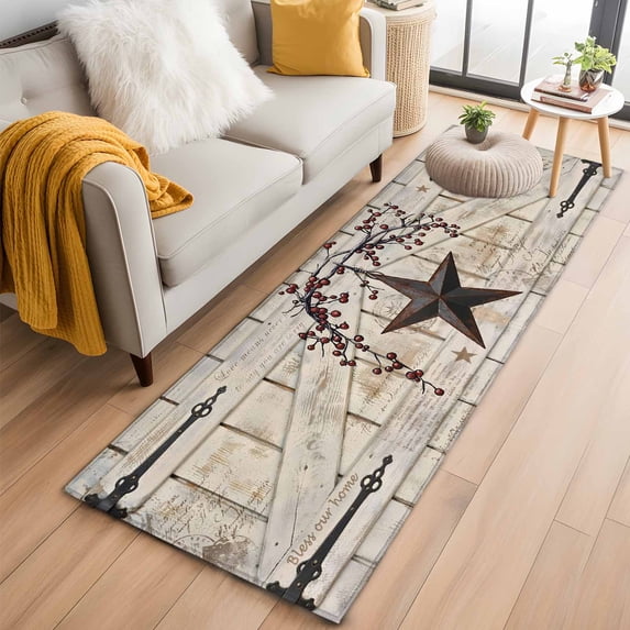 Runner Rug 2 x 6 Ft, Texas Star Vintage Washable Non-Slip Floor Mat for Kitchen Hallway/Entryway, Brown Retro Berry Beige Wooden Branches Long Kitchen Runner Area Rugs for Living Room, Low-Profile