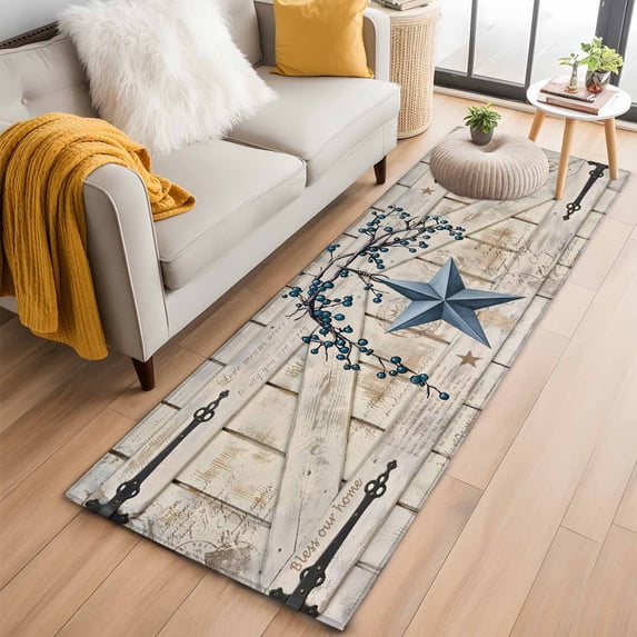Runner Rug 2 x 6 Ft, Texas Star Vintage Washable Non-Slip Floor Mat for Kitchen Hallway/Entryway, Retro Navy Blue Berry Wooden Long Kitchen Runner Area Rugs for Living Room, Low-Profile