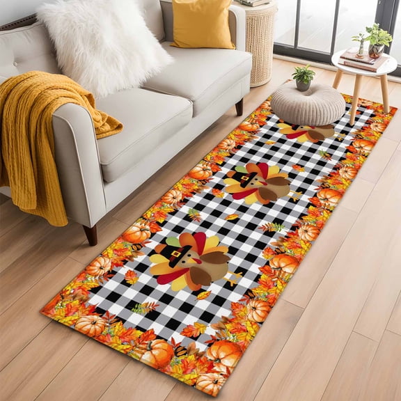 Runner Rug 2 x 6 Ft, Thanksgiving Pumpkin Washable Non-Slip Floor Mat for Kitchen Hallway/Entryway, Fall Maple Leaves Black Plaid Autumn Long Kitchen Runner Area Rugs for Living Room, Low-Profile