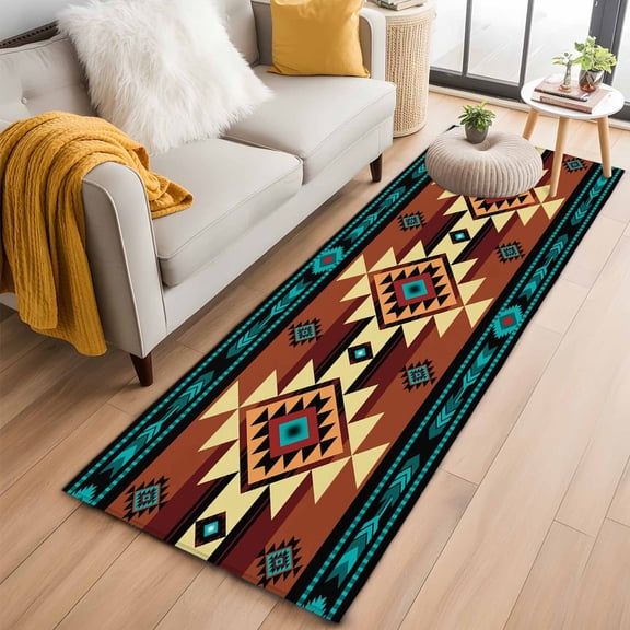 Runner Rug 2 x 6 Ft, Turquoise Red Washable Non-Slip Floor Mat for Kitchen Hallway/Entryway, Southwest American Native Abstract Pattern Long Kitchen Runner Area Rugs for Living Room, Low-Profile