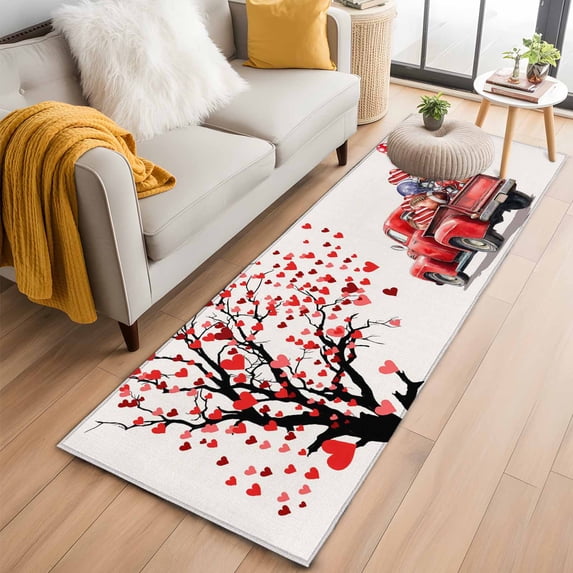Runner Rug 2 x 6 Ft, Valentine's Day Washable Non-Slip Floor Mat for Kitchen Hallway/Entryway, Red Love Heart Tree Truck Balloons Rugby Long Kitchen Runner Area Rugs for Living Room, Low-Profile