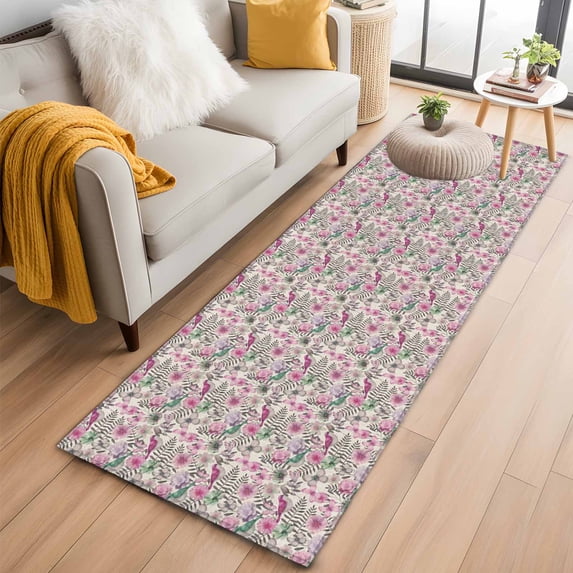 Runner Rug 2 x 6 Ft, Vintage Pink Flower Washable Non-Slip Floor Mat for Kitchen Hallway/Entryway, Spring Floral Leaves Pastoral Birds Plants Long Kitchen Runner Area Rugs for Living Room,