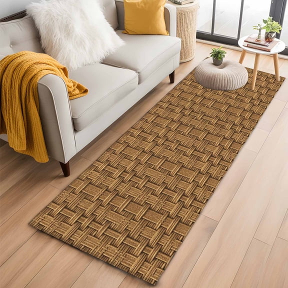 Runner Rug 2 x 6 Ft, Vintage Rattan Washable Non-Slip Floor Mat for Kitchen Hallway/Entryway, Minimalist Abstract Wicker Texture Brown Long Kitchen Runner Area Rugs for Living Room, Low-Profile