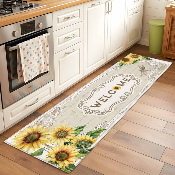 Runner Rug 2 x 6 Ft, Vintage Sunflower Washable Non-Slip Floor Mat for Kitchen Hallway/Entryway, Yellow Flowers Retro Art Long Kitchen Runner Area Rugs for Living Room, Low-Profile