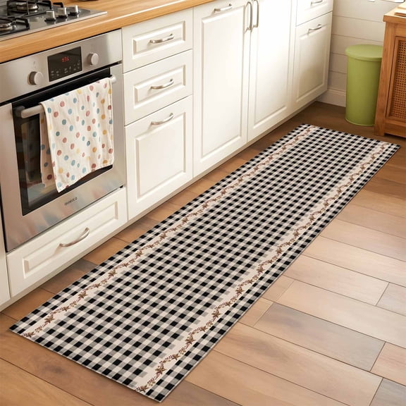 Runner Rug 2 x 6 Ft, Western Texas Star Retro Washable Non-Slip Floor Mat for Kitchen Hallway/Entryway, Country Vintage Black Beige Plaid Long Kitchen Runner Area Rugs for Living Room, Low-Profile