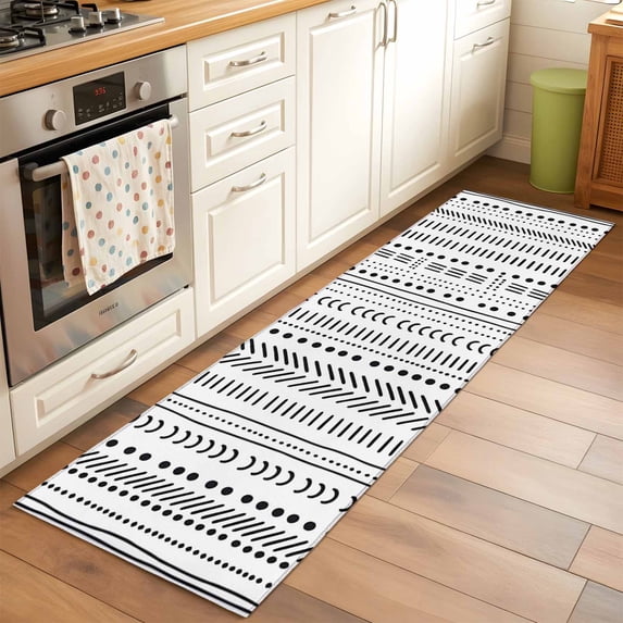 Runner Rug 2 x 6 Ft, White Boho Washable Non-Slip Floor Mat for Kitchen Hallway/Entryway, Country Abstract Black Geometric Striped Long Kitchen Runner Area Rugs for Living Room, Low-Profile