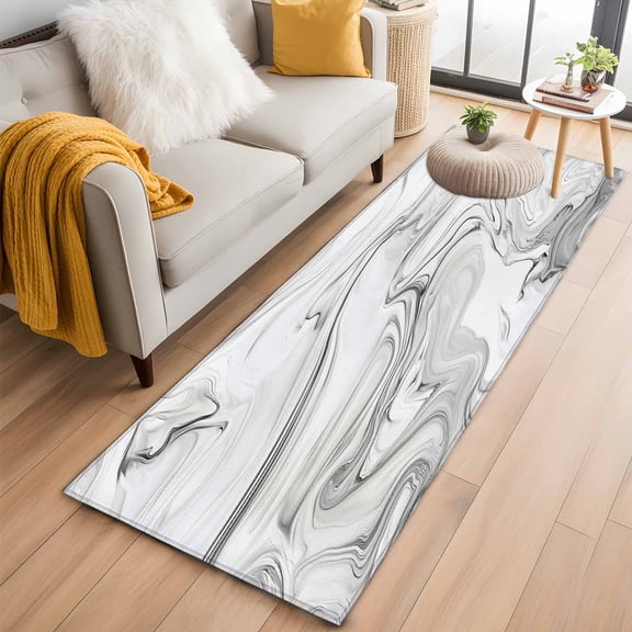 Runner Rug 2 x 6 Ft, White Gray Marble Washable Non-Slip Floor Mat for Kitchen Hallway/Entryway, Modern Minimalist Abstract Texture Long Kitchen Runner Area Rugs for Living Room, Low-Profile