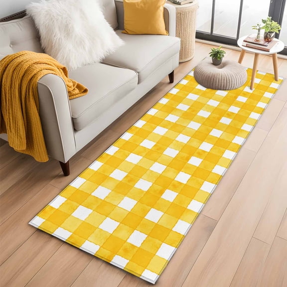 Runner Rug 2 x 6 Ft, Yellow Plaid Washable Non-Slip Floor Mat for Kitchen Hallway/Entryway, Watercolor Grid Checker Gingham Farmhouse Long Kitchen Runner Area Rugs for Living Room, Low-Profile