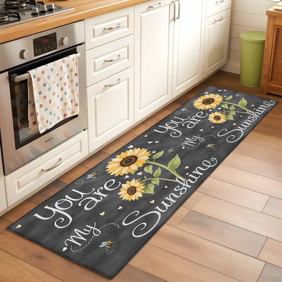 Runner Rug 2 x 6 Ft, You Are My Sunshine Washable Non-Slip Floor Mat for Kitchen Hallway/Entryway, Yellow Sunflowers Cute Bees Heart Dark Gray Long Kitchen Runner Area Rugs for Living Room